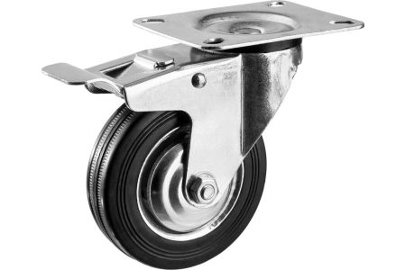 Поворотное колесо c тормозом резина/металл игольчатый подшипник ЗУБР Профессионал d=100 мм г/п 70 кг 30936-100-B
