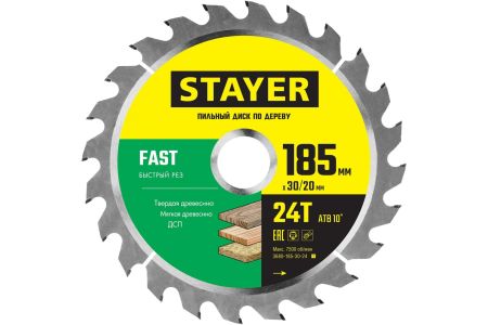 STAYER FAST 185 x 30/20мм 24Т, диск пильный по дереву, быстрый рез, 3680-185-30-24