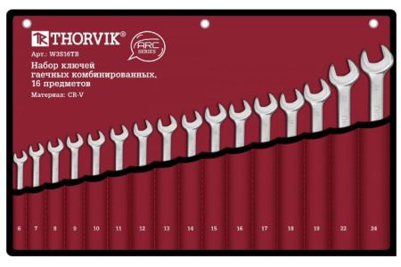 Thorvik W3S16TB Набор ключей гаечных комбинированных серии ARC в сумке, 6-24 мм, 16 предметов
