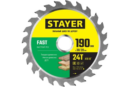 STAYER FAST 190 x 30/20мм 24Т, диск пильный по дереву, быстрый рез, 3680-190-30-24