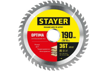 STAYER OPTIMA 190 x 20/16мм 36Т, диск пильный по дереву, оптимальный рез, 3681-190-20-36